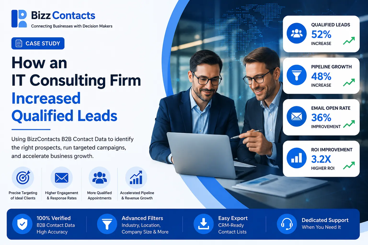 BizzContacts case study banner: How an IT Consulting Firm Increased Qualified Leads, showing two professionals reviewing a laptop alongside stat cards for qualified leads increase, pipeline growth, email open rate improvement, and ROI improvement, plus a trust bar for 100% verified B2B contact data, advanced filters, easy CRM-ready export, and dedicated support.