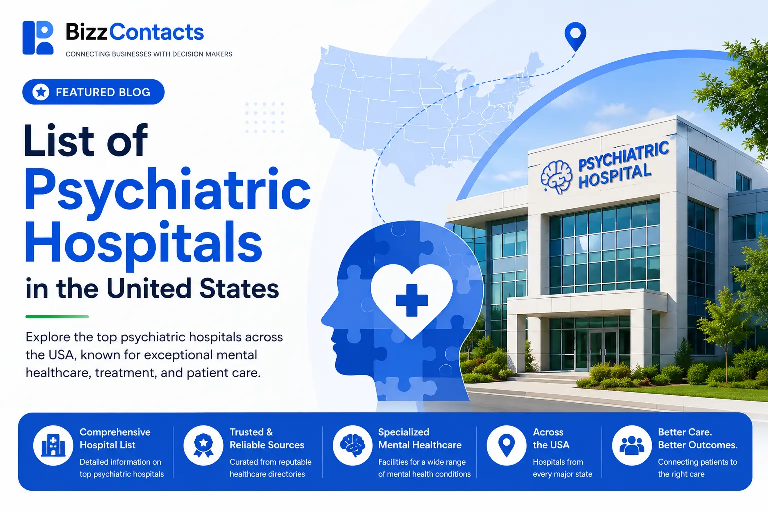 BizzContacts featured blog banner for the guide to psychiatric hospitals in the United States, showing a modern psychiatric hospital building beside a US map and a stylised head-and-heart mental health icon.