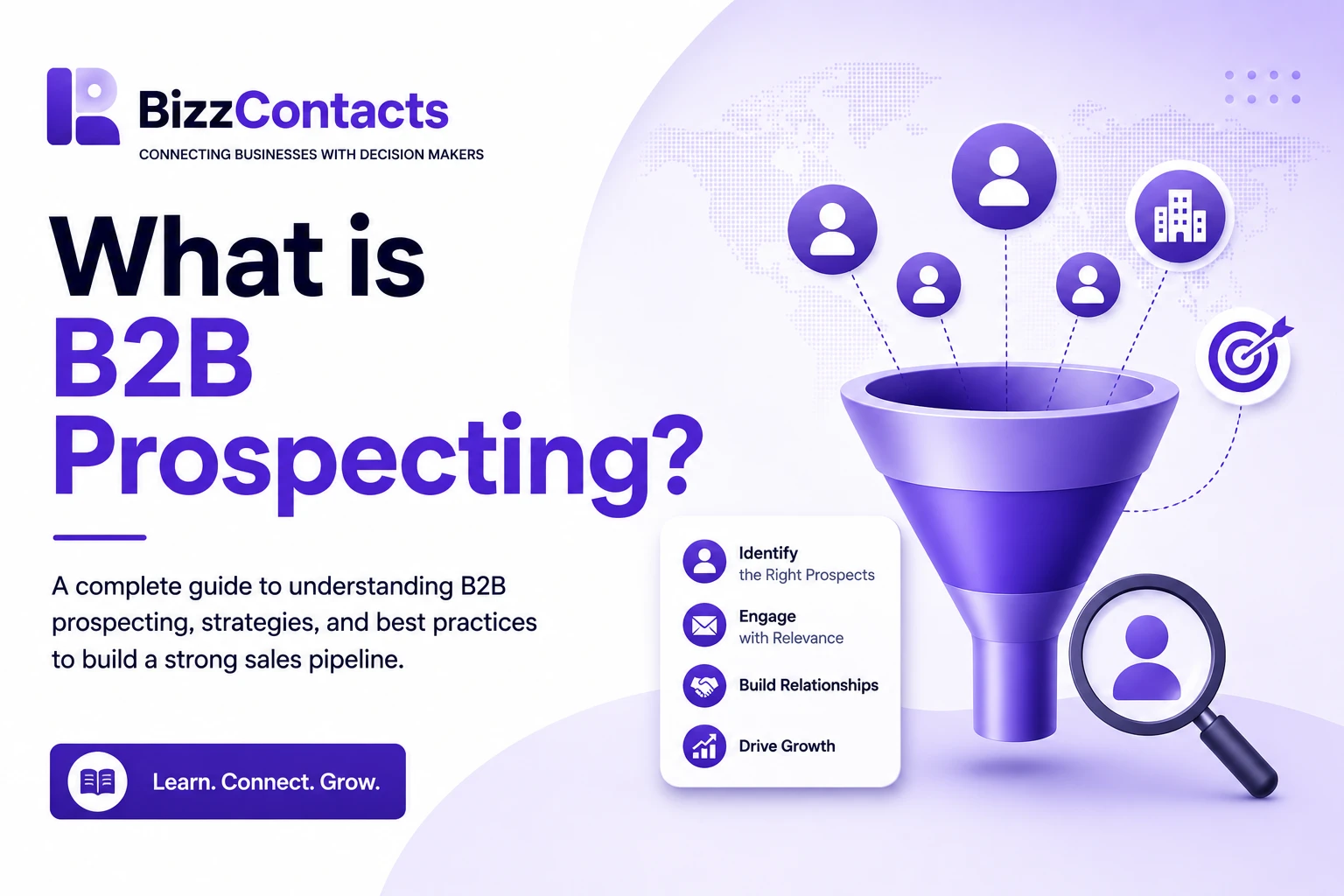 What is B2B prospecting, illustrated funnel showing Identify the Right Prospects, Engage with Relevance, Build Relationships, and Drive Growth stages inside the BizzContacts prospecting engine.