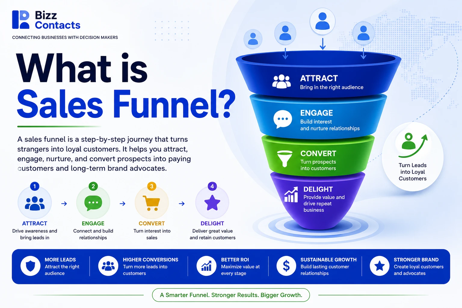 What is a Sales Funnel infographic with the BizzContacts logo, showing a four-stage funnel (Attract, Engage, Convert, Delight) that turns strangers into loyal customers, plus benefit callouts: more leads, higher conversions, better ROI, sustainable growth, and stronger brand.