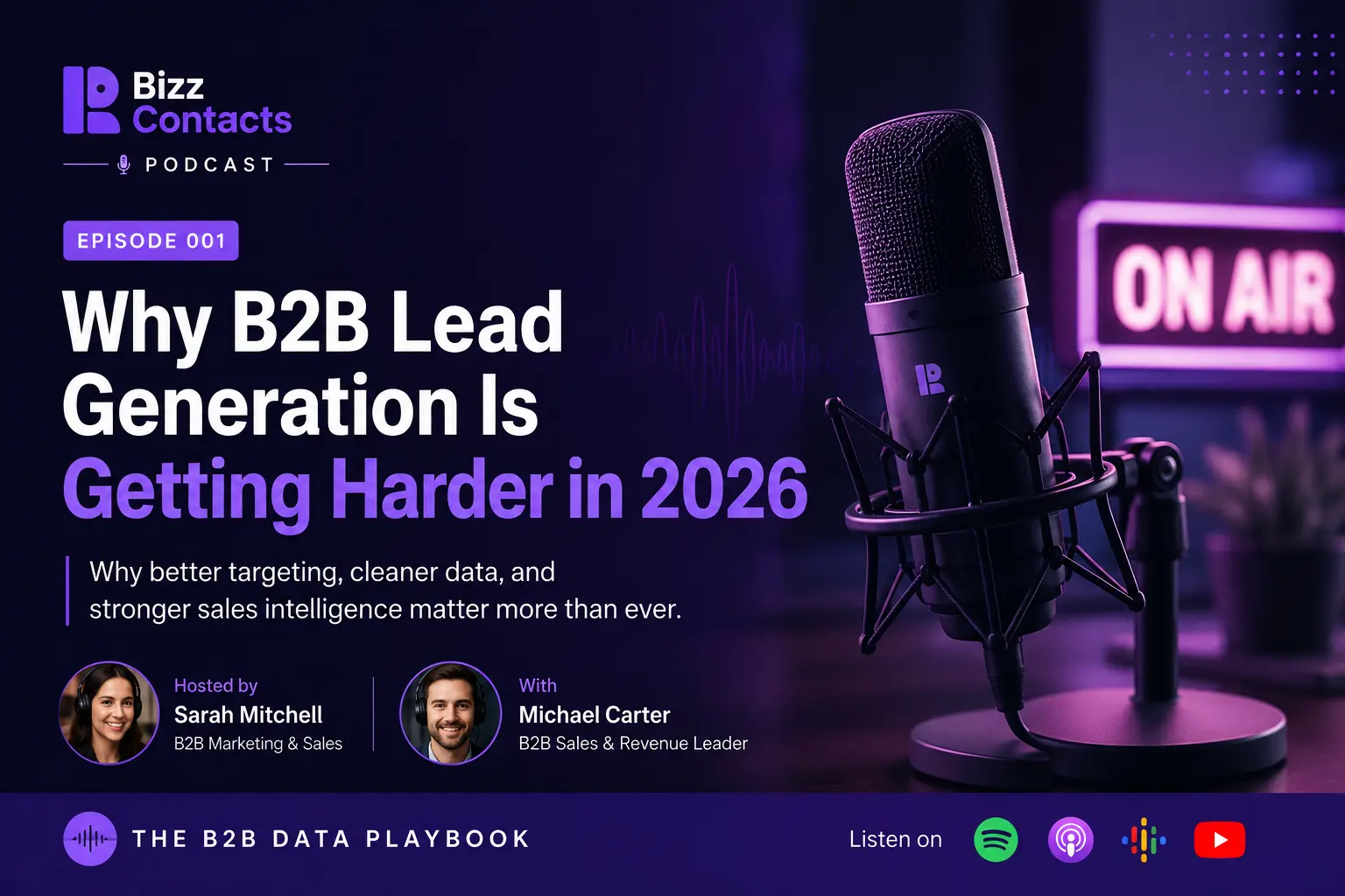 The B2B Data Playbook episode 001 cover: a studio microphone beside an ON AIR sign, with hosts Sarah Mitchell and Michael Carter.